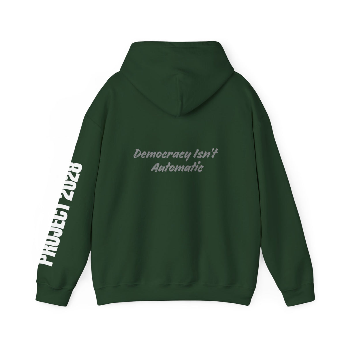 Project 2028 hoodie | Democracy Isn't Automatic back print