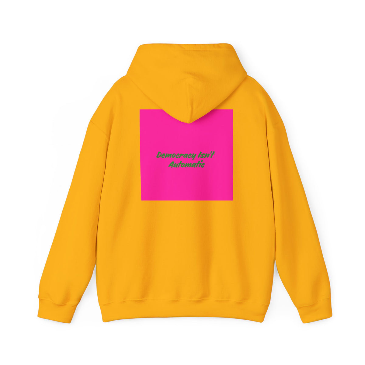 Democracy Project Hoodie | Bold Retro Text, Pink & Orange Square Design