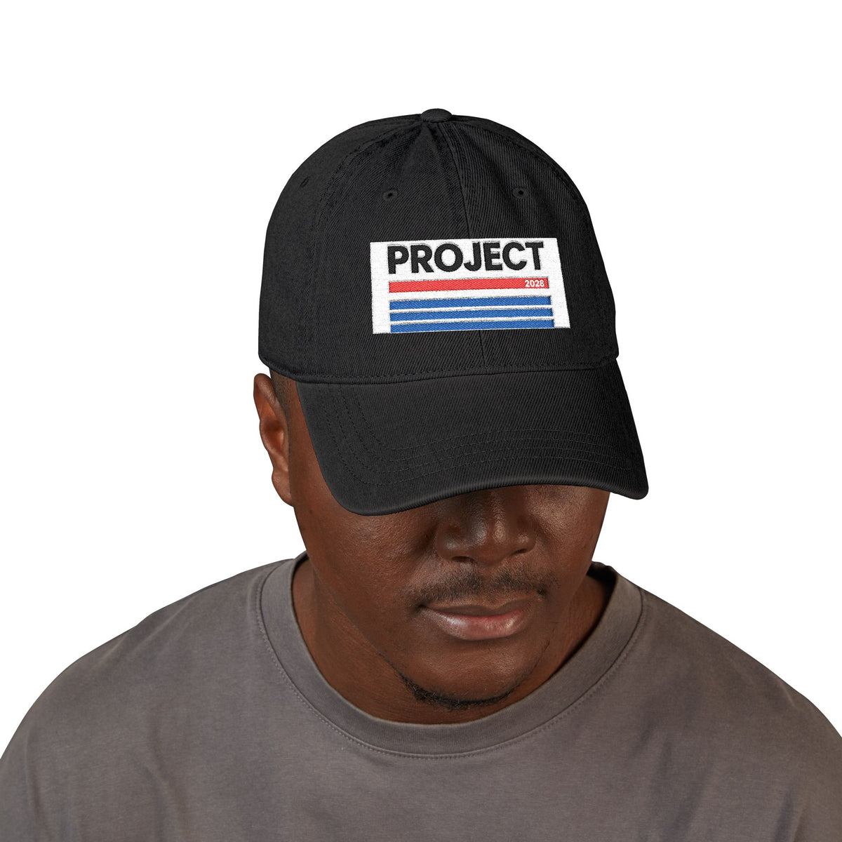 Embroidered 'PROJECT' Denim Hat – Retro Stripes Baseball Cap