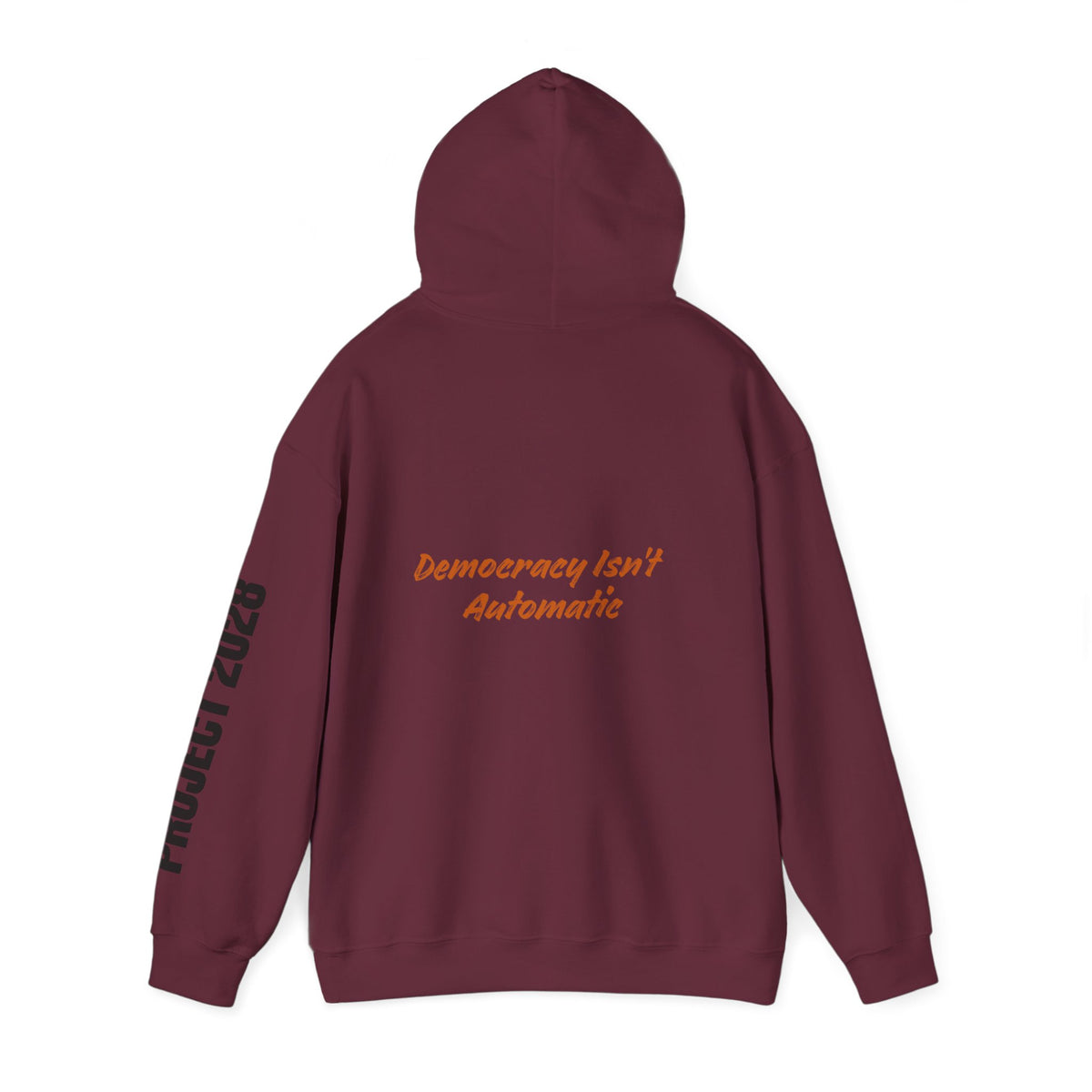 Copy of Product 2028 graphic Hoodie | Democracy Isn't Automatic slogan back