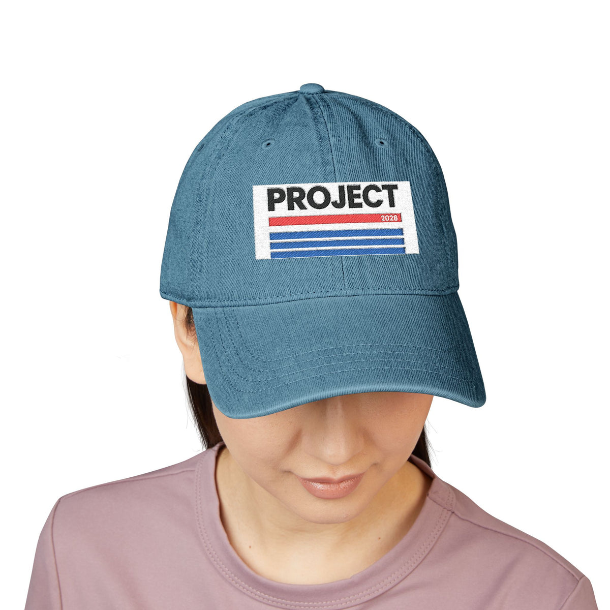 Embroidered 'PROJECT' Denim Hat – Retro Stripes Baseball Cap