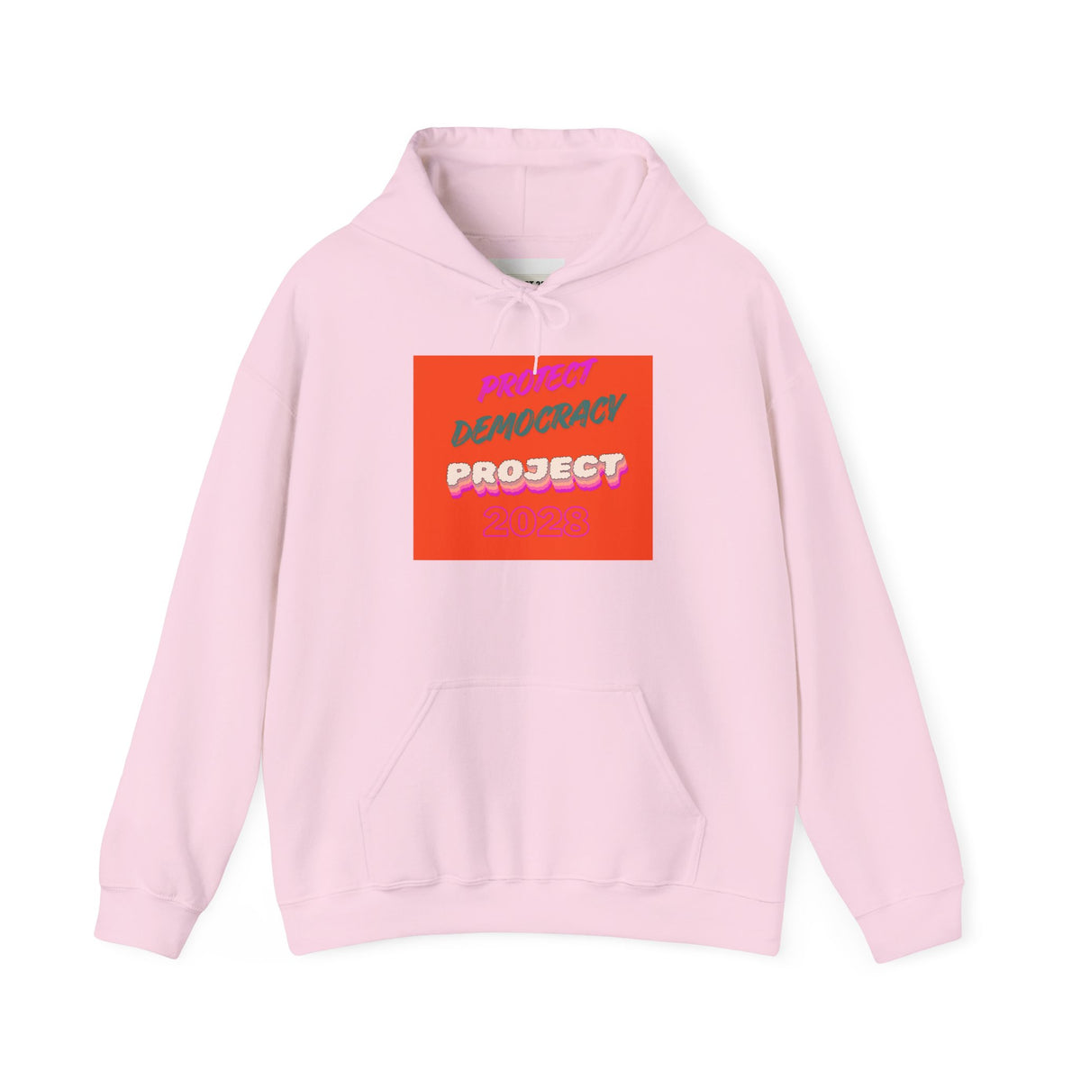 Democracy Project Hoodie | Bold Retro Text, Pink & Orange Square Design