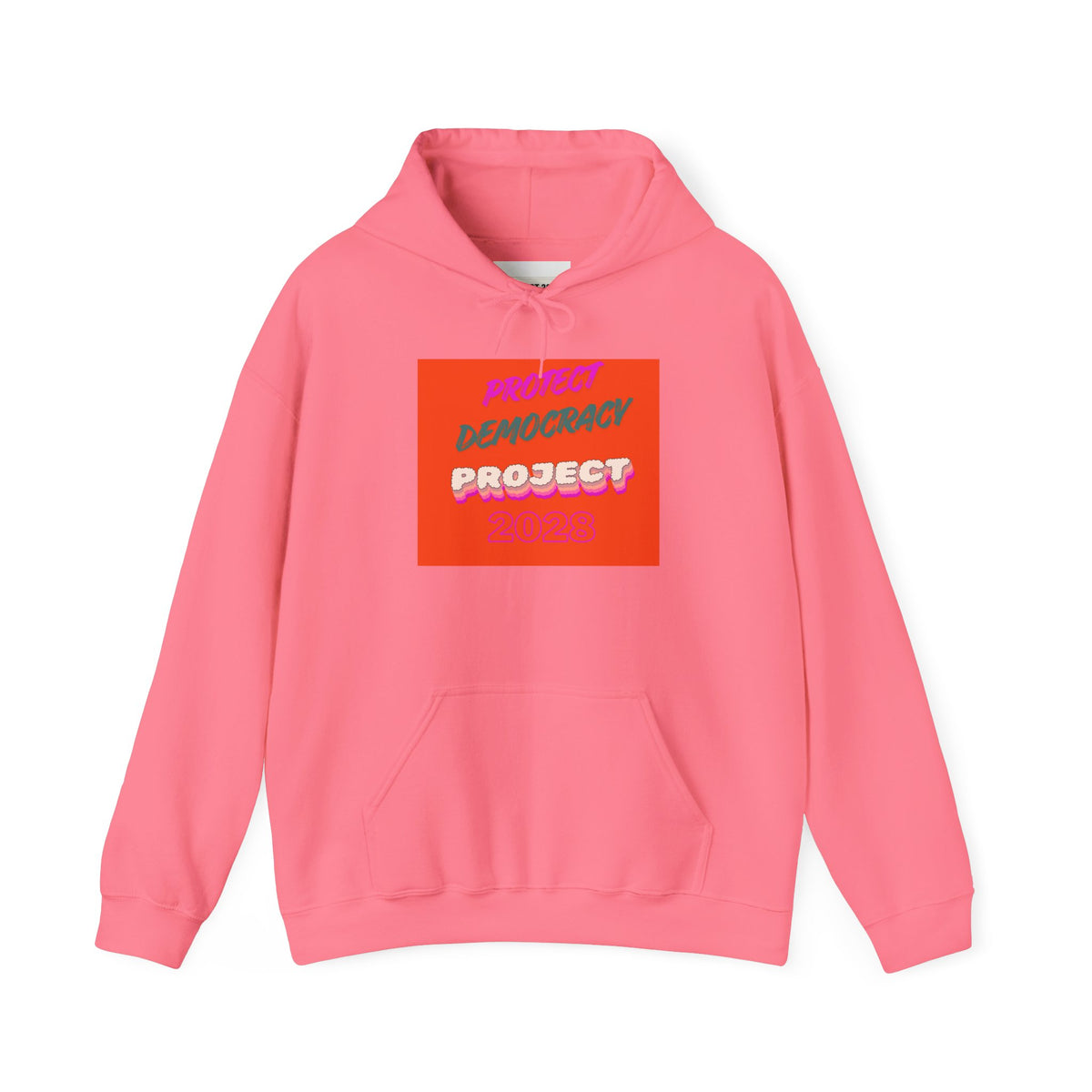 Democracy Project Hoodie | Bold Retro Text, Pink & Orange Square Design