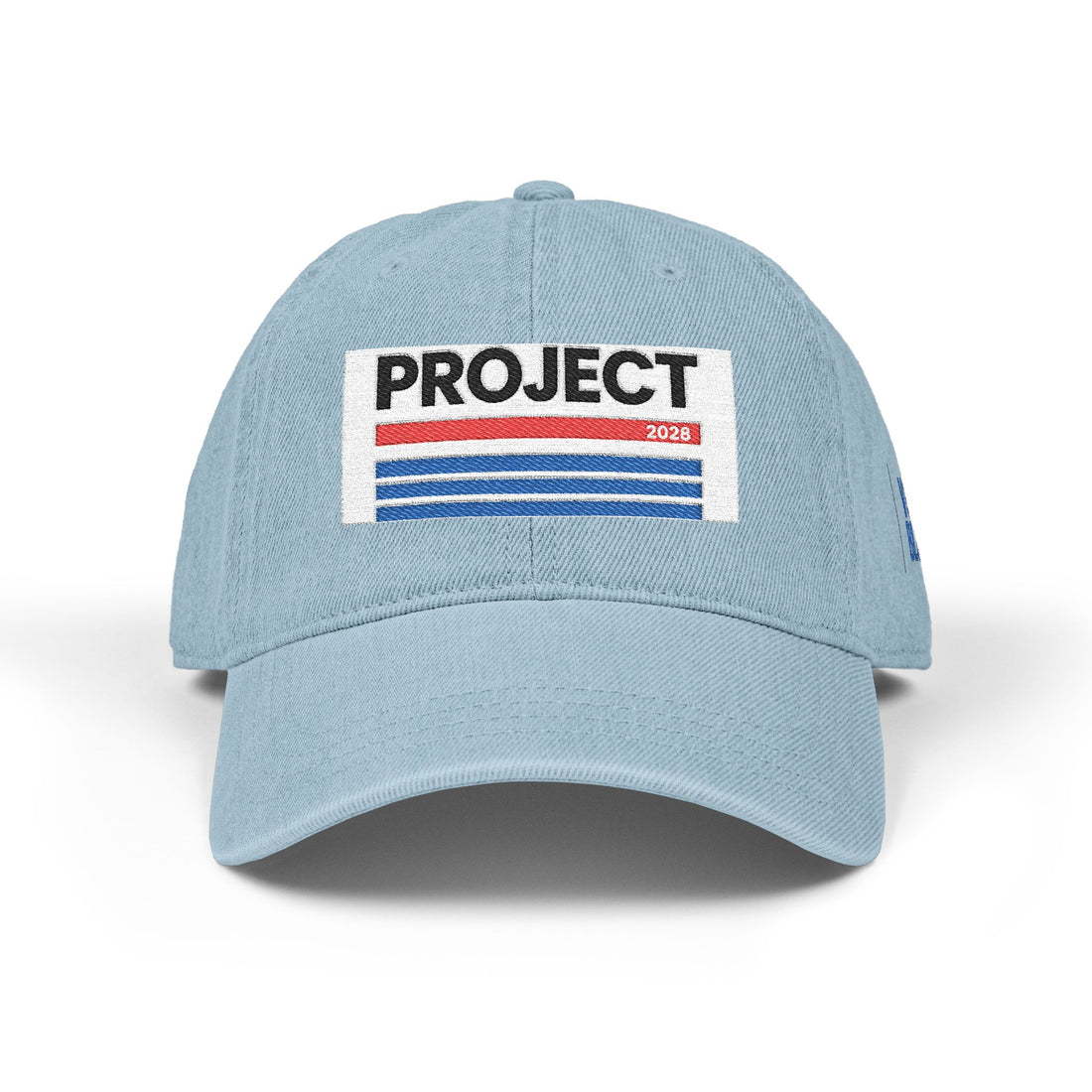 Embroidered 'PROJECT' Denim Hat – Retro Stripes Baseball Cap