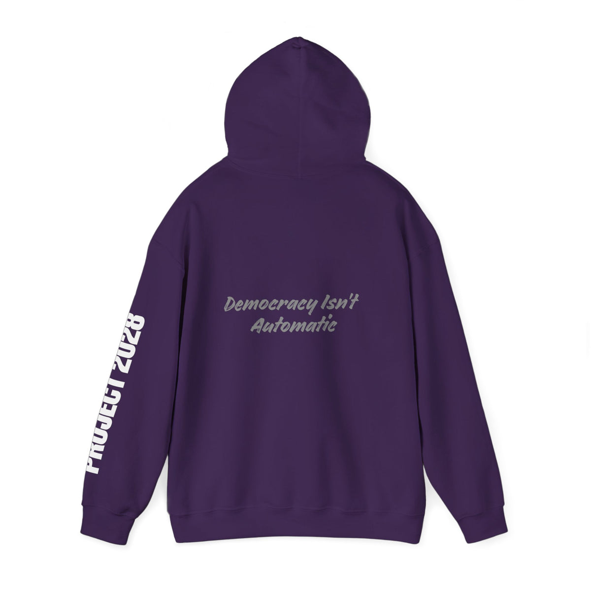 Project 2028 hoodie | Democracy Isn't Automatic back print