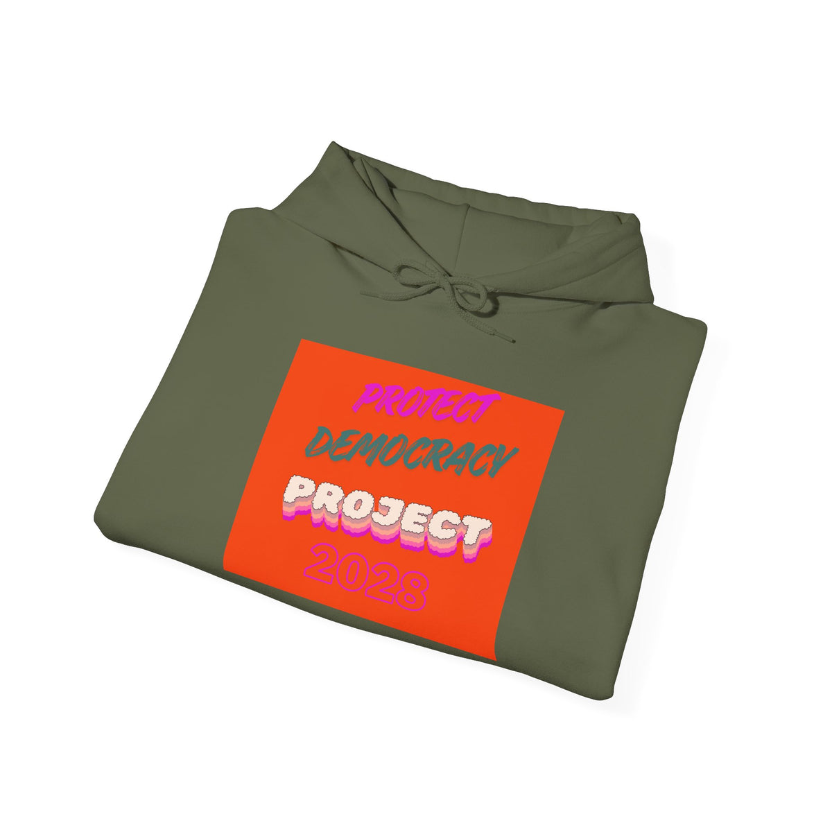 Democracy Project Hoodie | Bold Retro Text, Pink & Orange Square Design