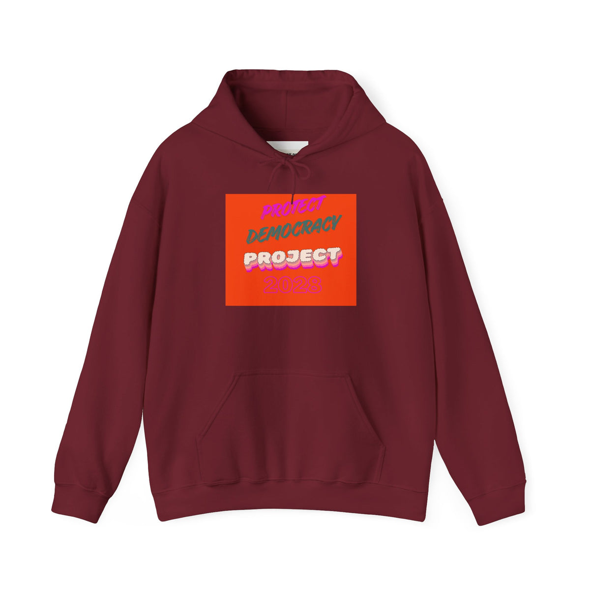 Democracy Project Hoodie | Bold Retro Text, Pink & Orange Square Design