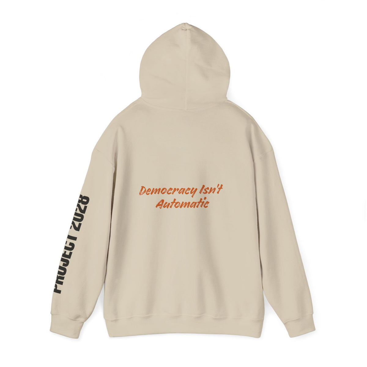 Copy of Product 2028 graphic Hoodie | Democracy Isn't Automatic slogan back