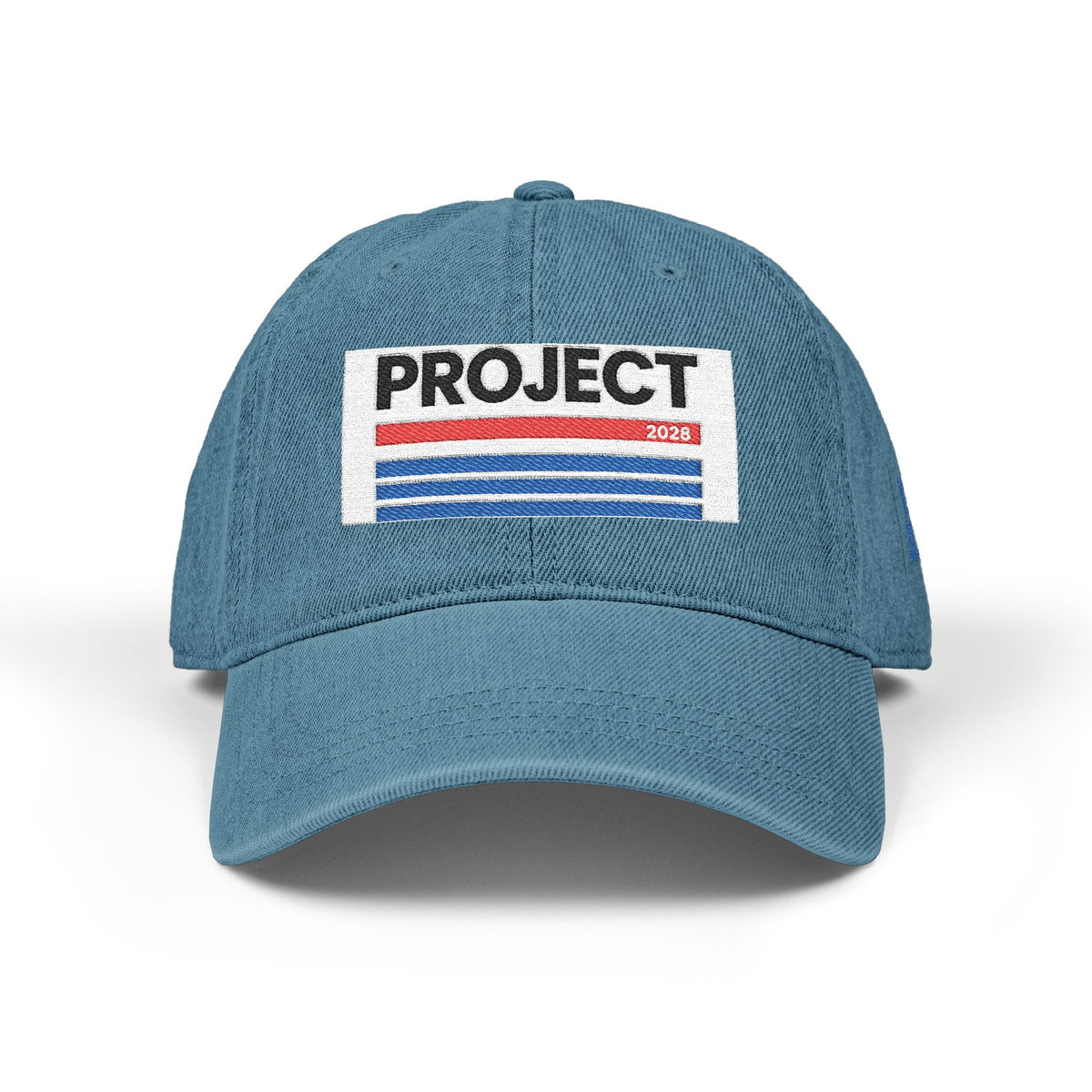 Embroidered 'PROJECT' Denim Hat – Retro Stripes Baseball Cap