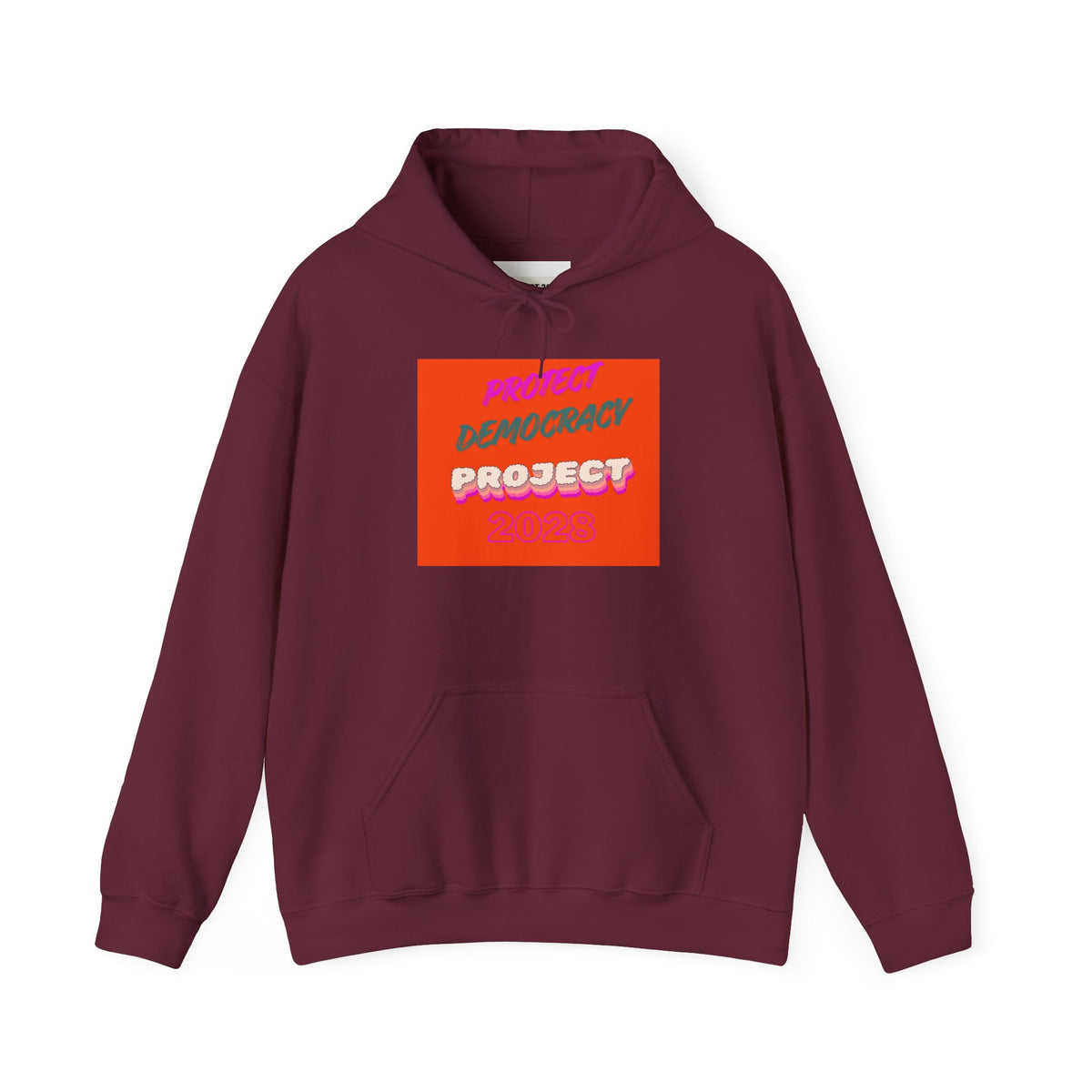 Democracy Project Hoodie | Bold Retro Text, Pink & Orange Square Design