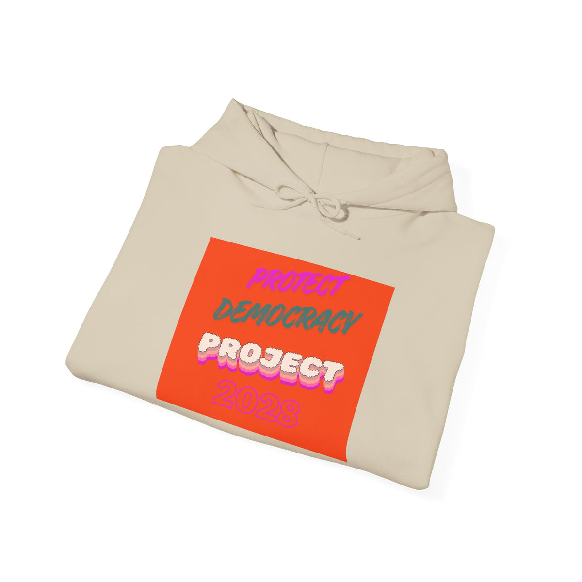 Democracy Project Hoodie | Bold Retro Text, Pink & Orange Square Design