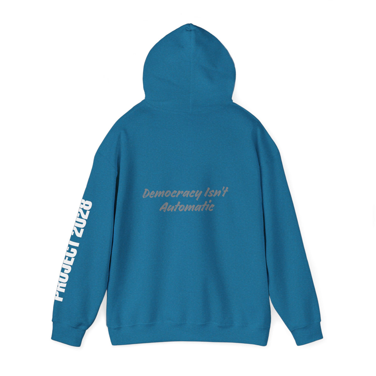 Project 2028 hoodie | Democracy Isn't Automatic back print