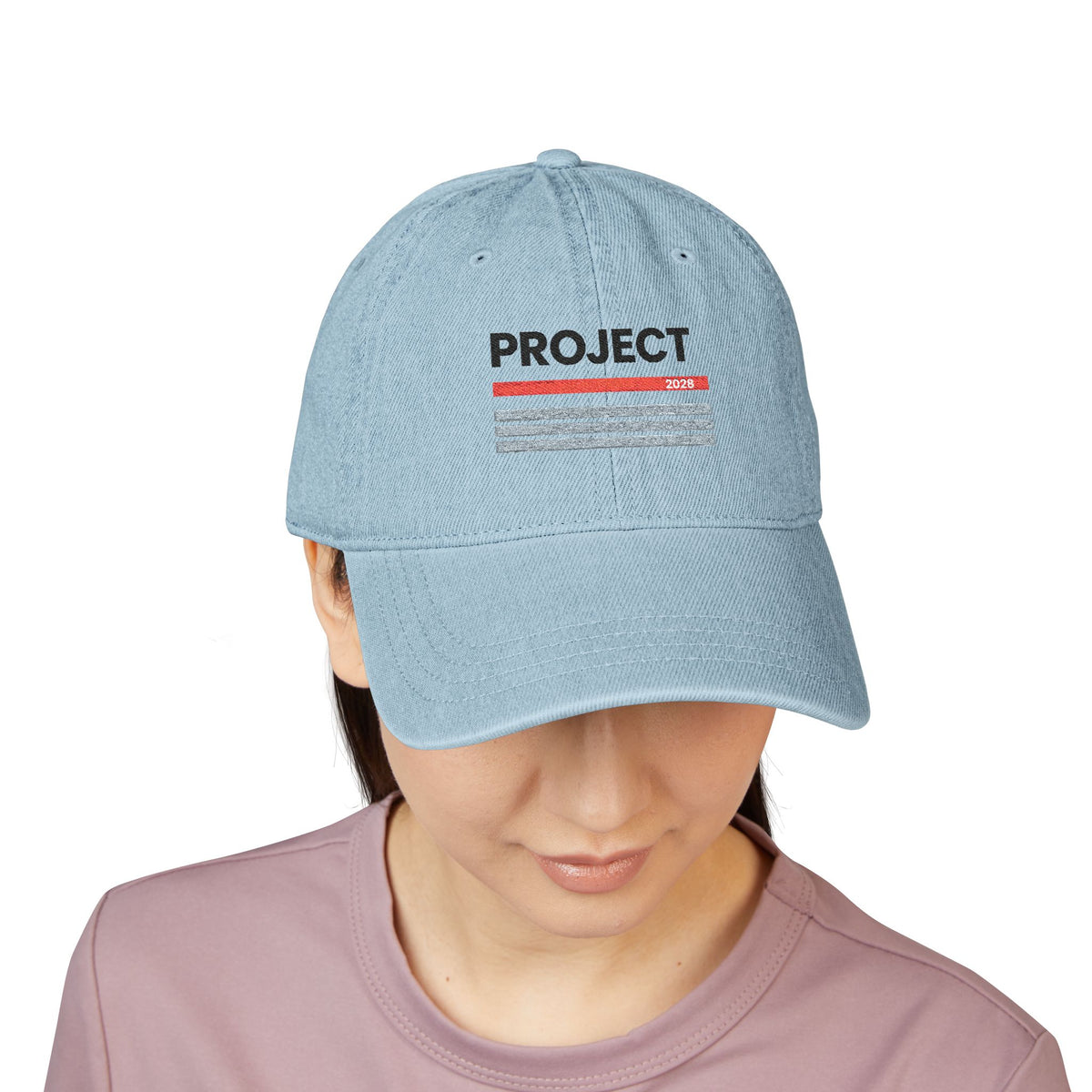 Project 2028 Embroidered Denim Hat – Light Blue Casual Cap - Make a Statement Without Saying a Word!