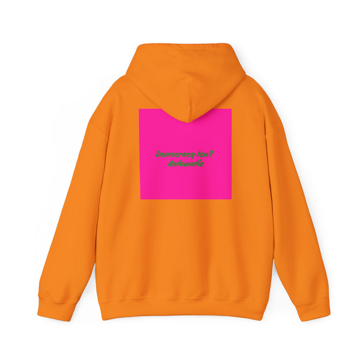 Democracy Project Hoodie | Bold Retro Text, Pink & Orange Square Design
