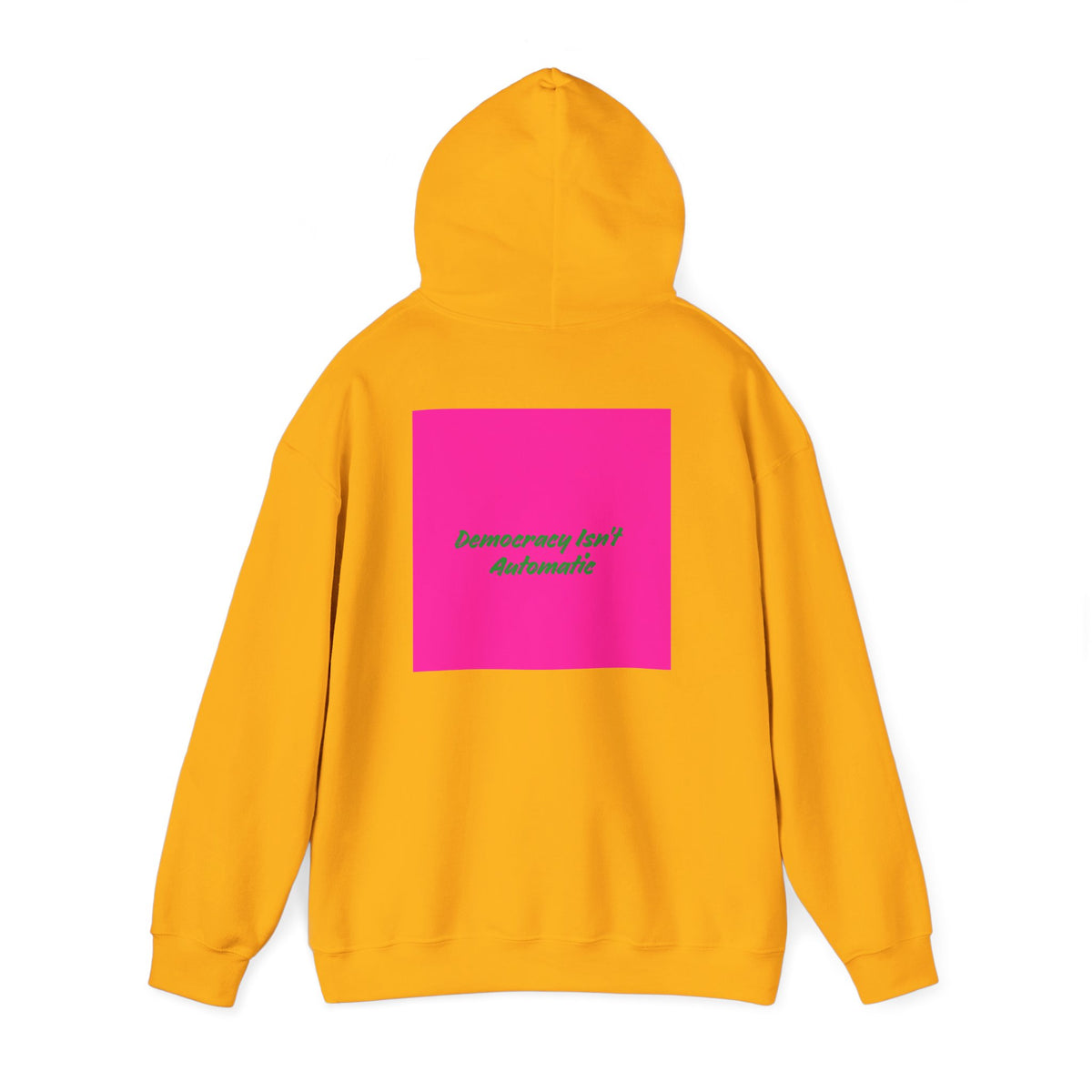 Democracy Project Hoodie | Bold Retro Text, Pink & Orange Square Design