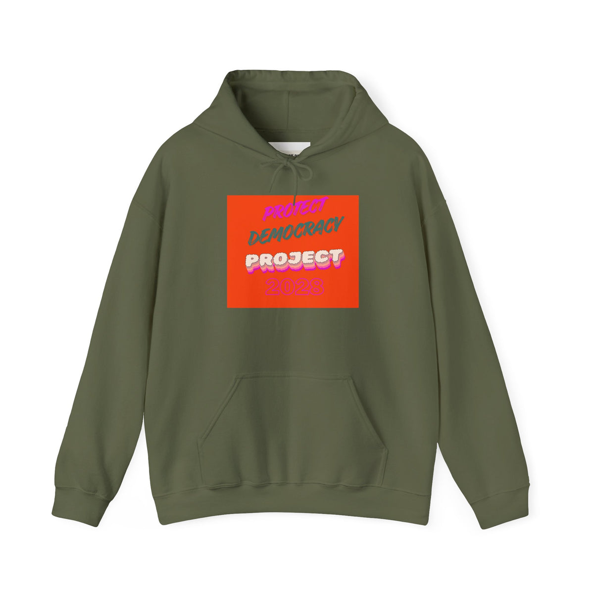 Democracy Project Hoodie | Bold Retro Text, Pink & Orange Square Design