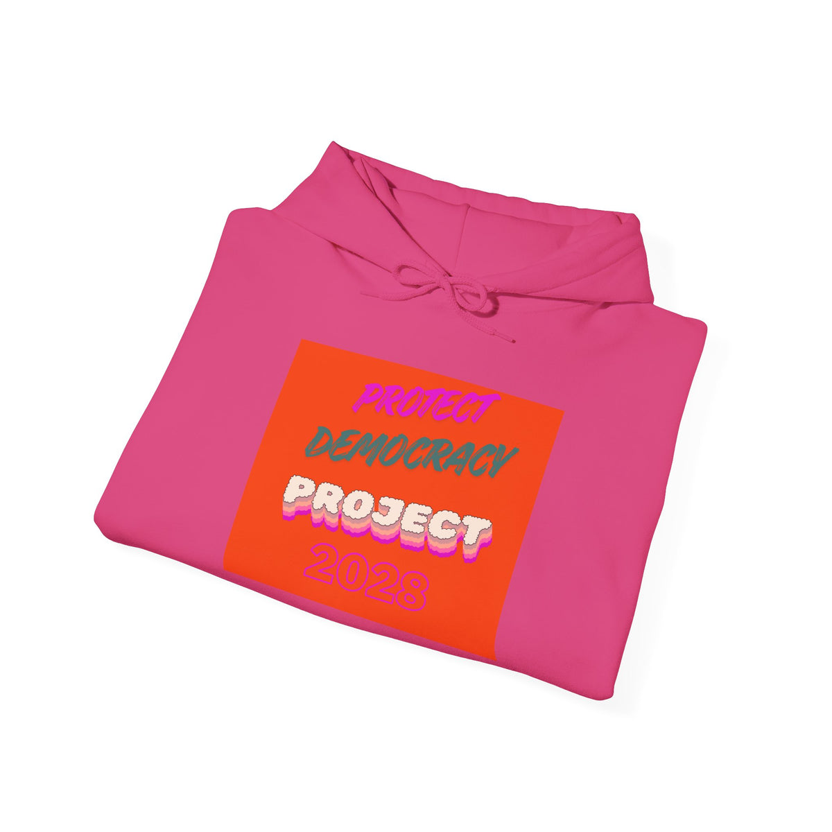 Democracy Project Hoodie | Bold Retro Text, Pink & Orange Square Design