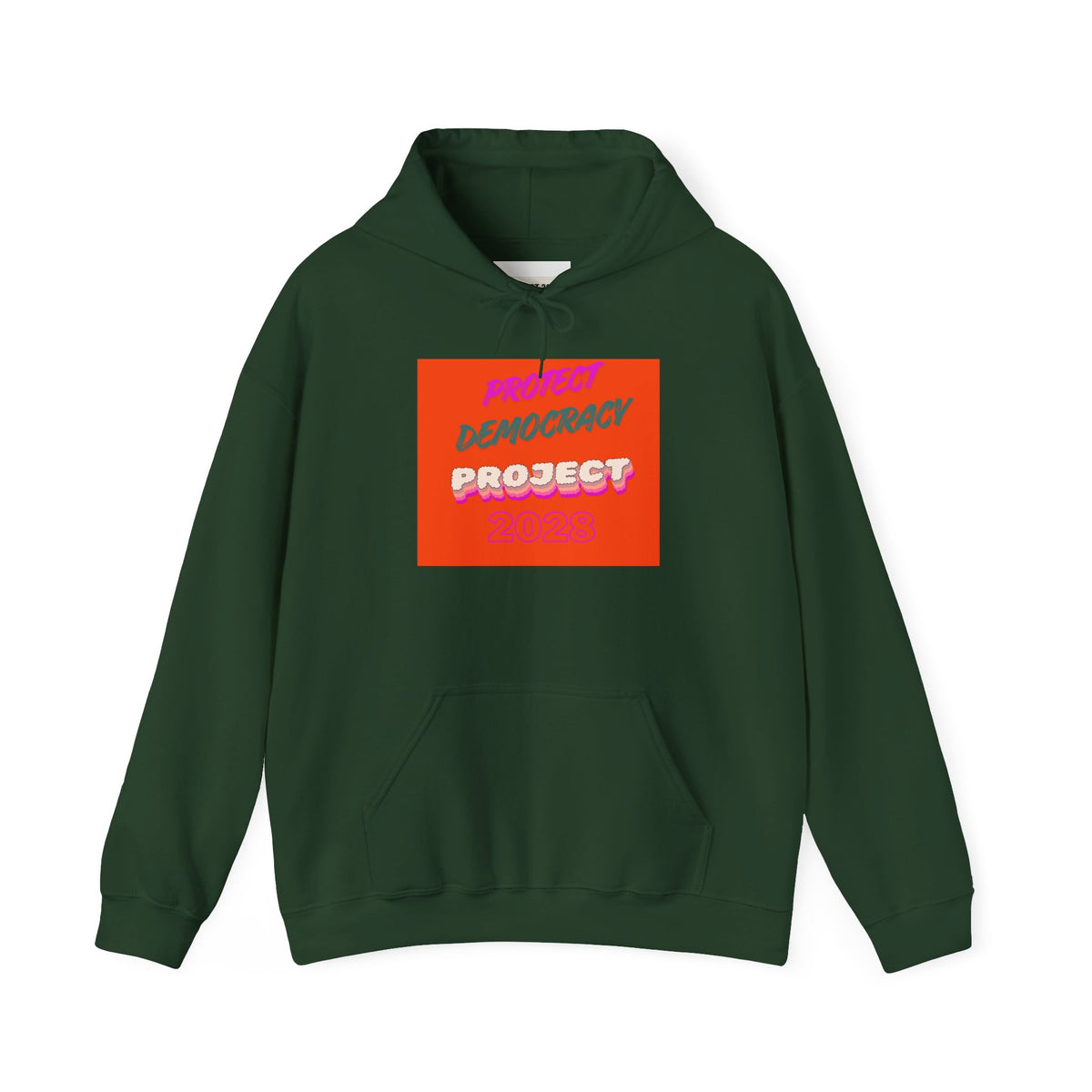 Democracy Project Hoodie | Bold Retro Text, Pink & Orange Square Design