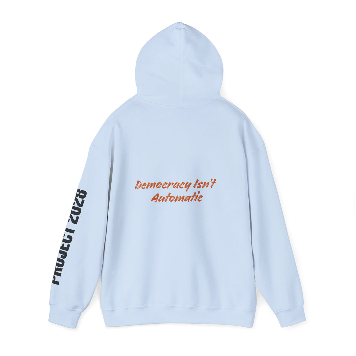 Copy of Product 2028 graphic Hoodie | Democracy Isn't Automatic slogan back