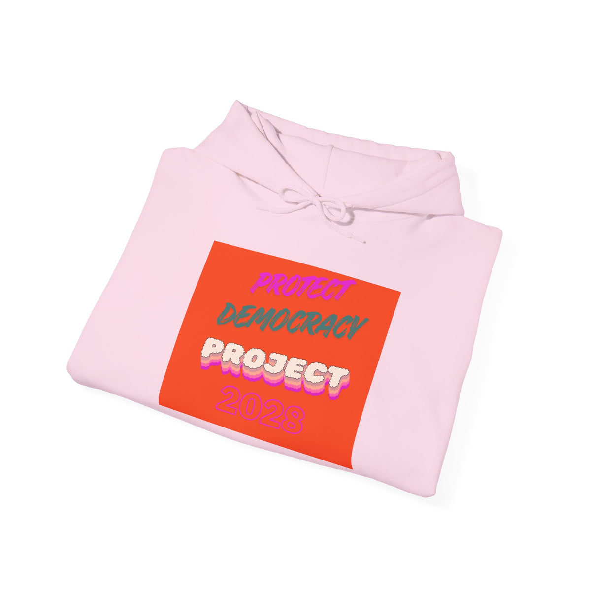 Democracy Project Hoodie | Bold Retro Text, Pink & Orange Square Design