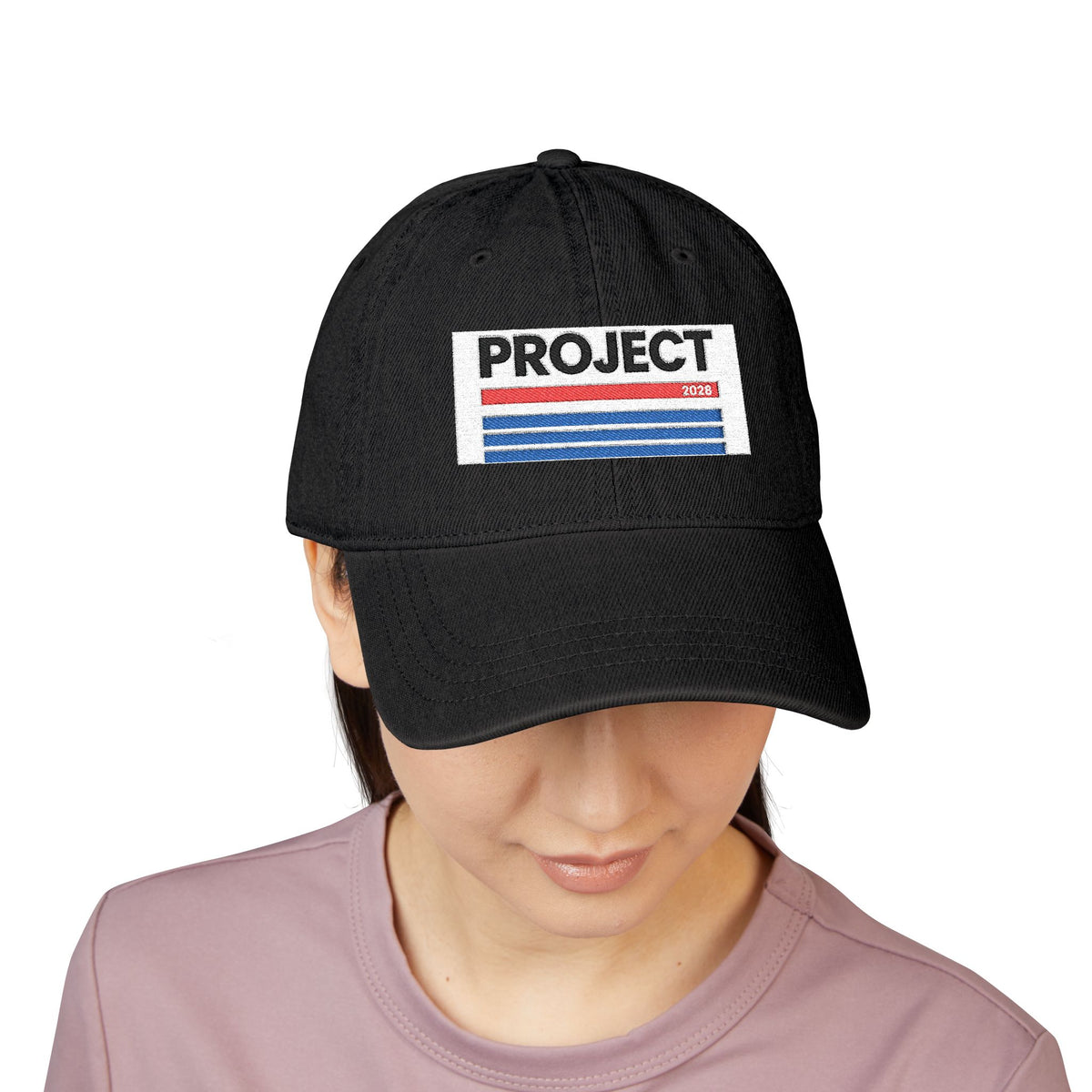 Embroidered 'PROJECT' Denim Hat – Retro Stripes Baseball Cap