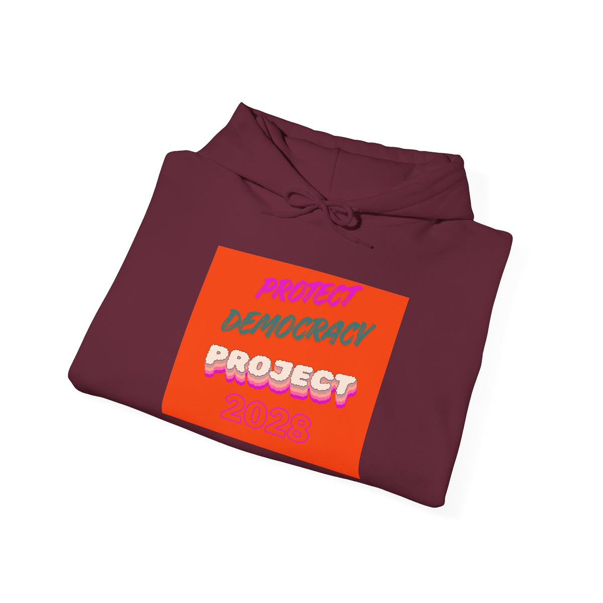Democracy Project Hoodie | Bold Retro Text, Pink & Orange Square Design