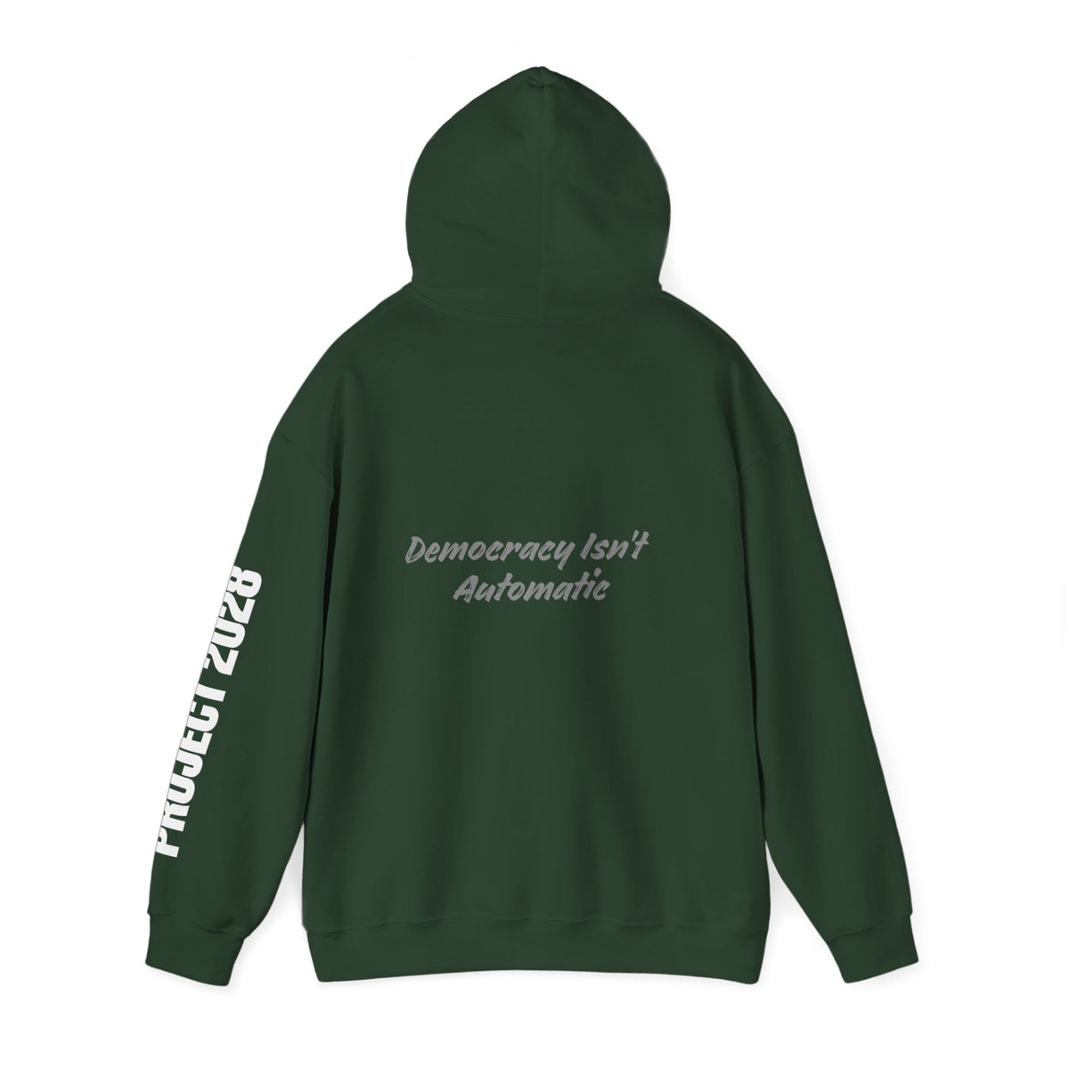 Project 2028 hoodie | Democracy Isn't Automatic back print