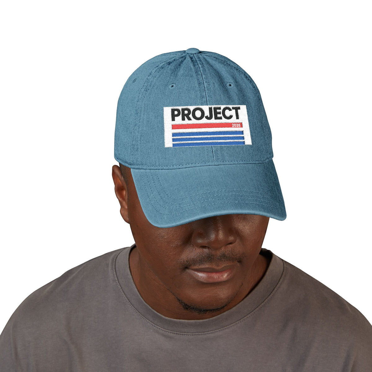 Embroidered 'PROJECT' Denim Hat – Retro Stripes Baseball Cap