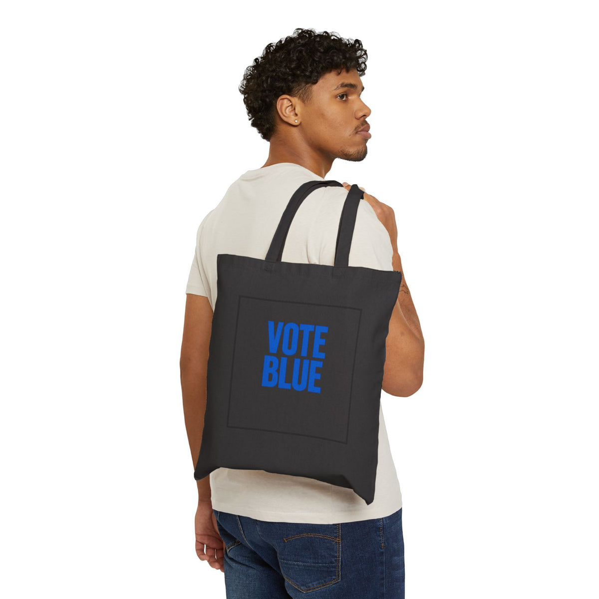 Vote Blue Cotton Tote Bag — “Democracy Is Not Automatic” Political Canvas Shopper