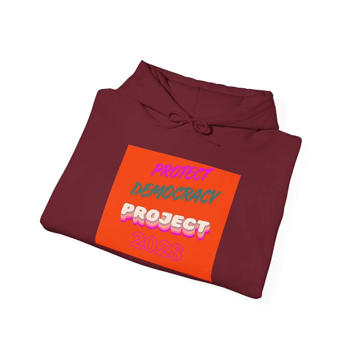 Democracy Project Hoodie | Bold Retro Text, Pink & Orange Square Design