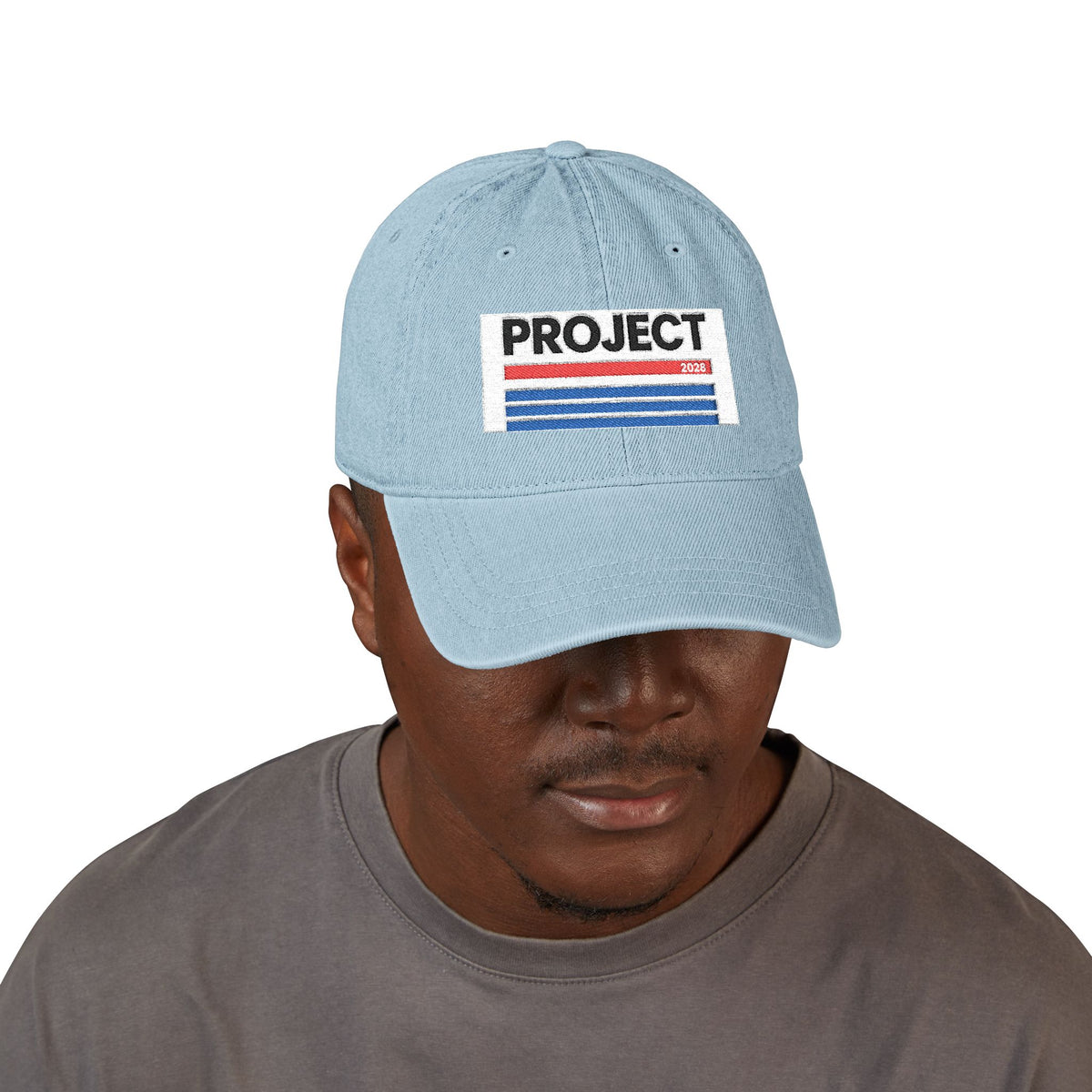 Embroidered 'PROJECT' Denim Hat – Retro Stripes Baseball Cap