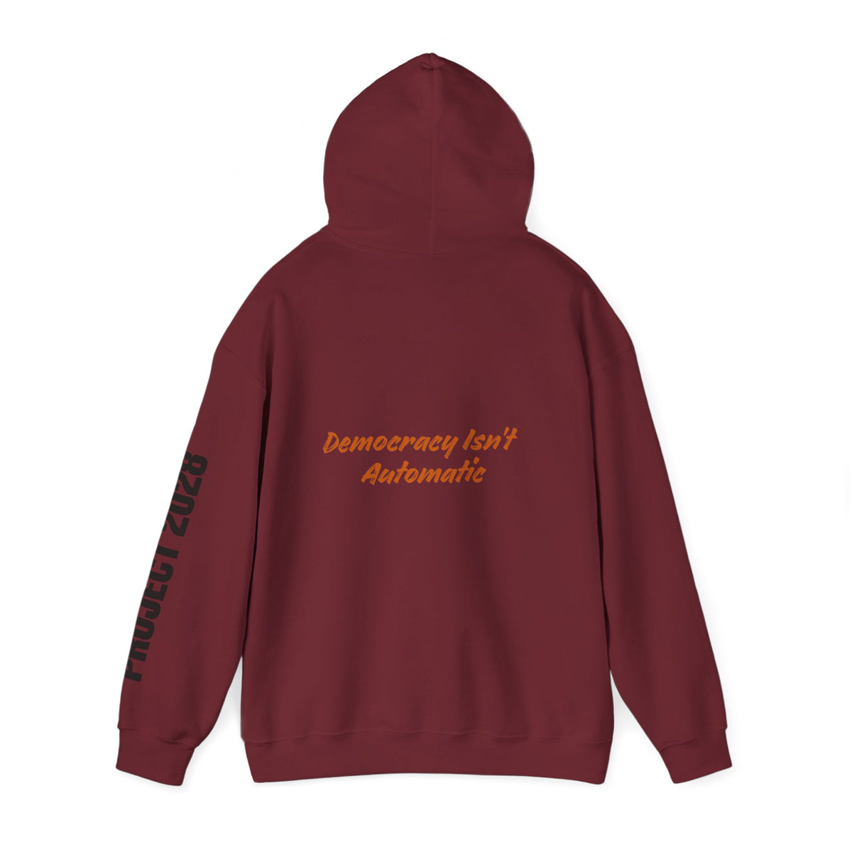 Copy of Product 2028 graphic Hoodie | Democracy Isn't Automatic slogan back