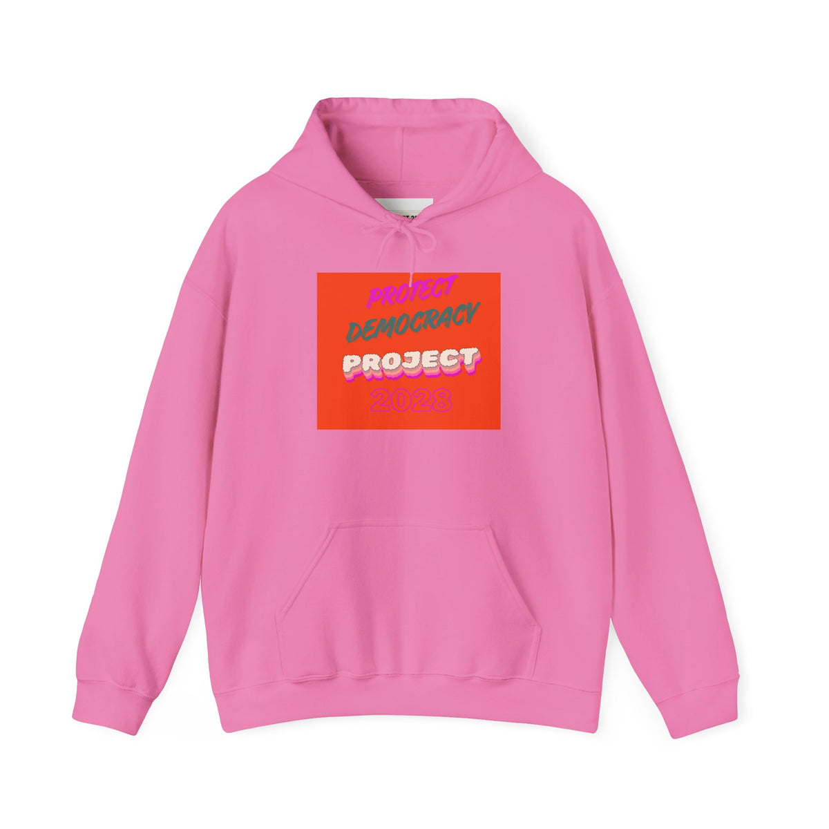 Democracy Project Hoodie | Bold Retro Text, Pink & Orange Square Design