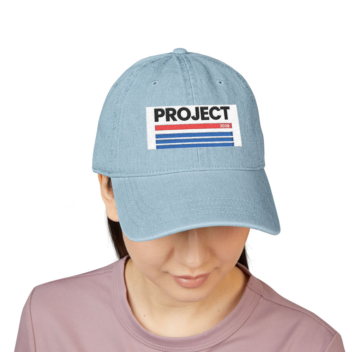 Embroidered 'PROJECT' Denim Hat – Retro Stripes Baseball Cap