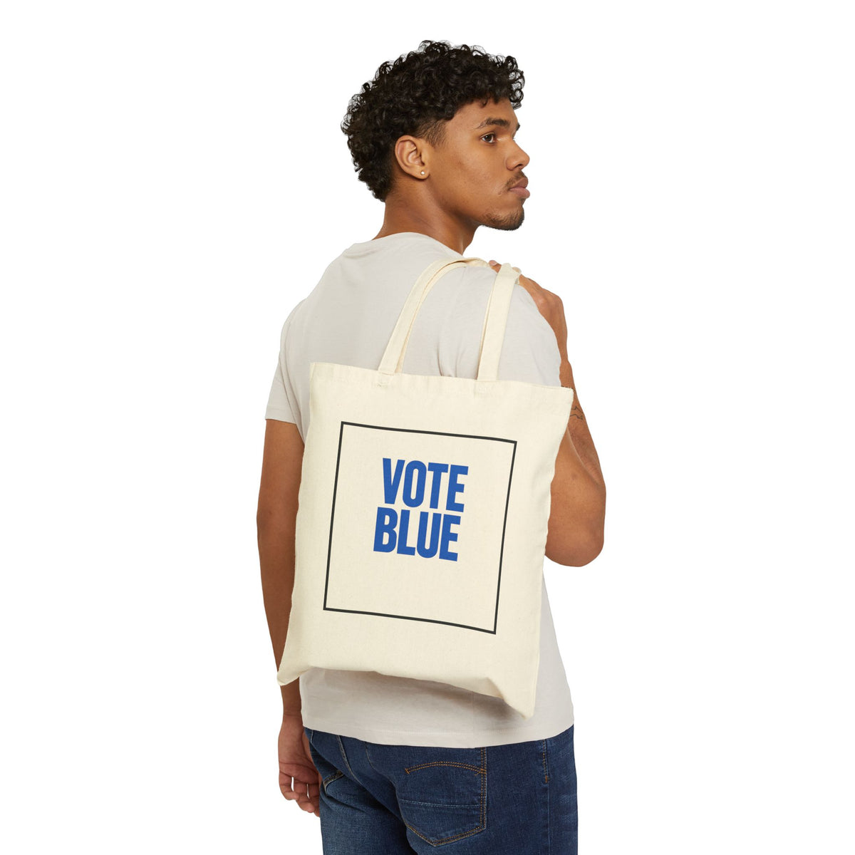 Vote Blue Cotton Tote Bag — “Democracy Is Not Automatic” Political Canvas Shopper