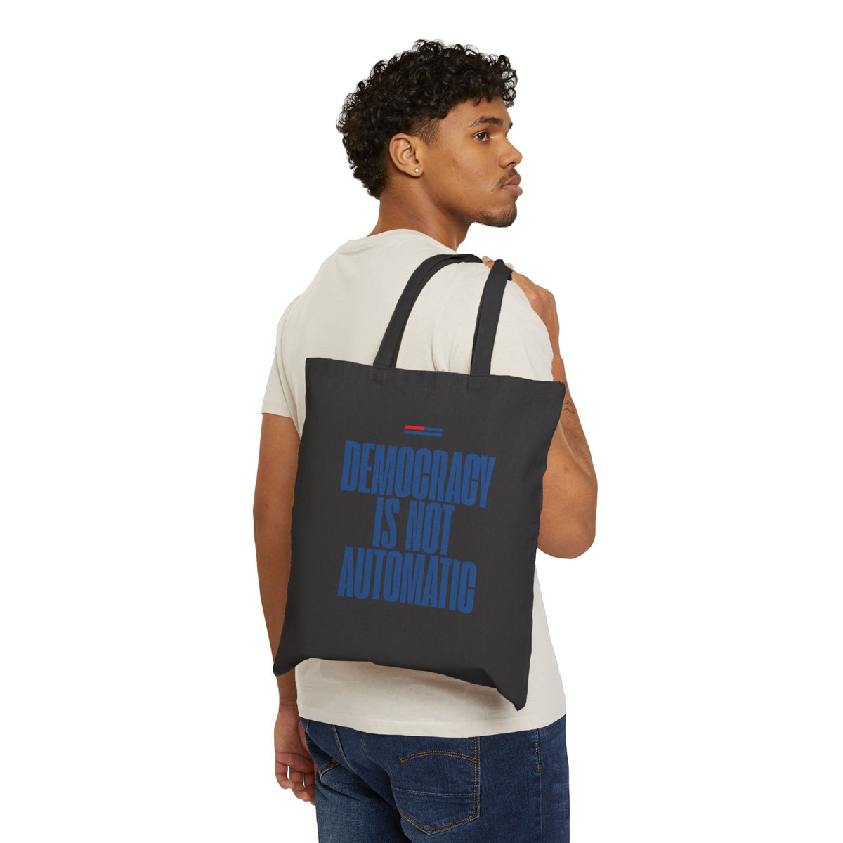 Vote Blue Cotton Tote Bag — “Democracy Is Not Automatic” Political Canvas Shopper