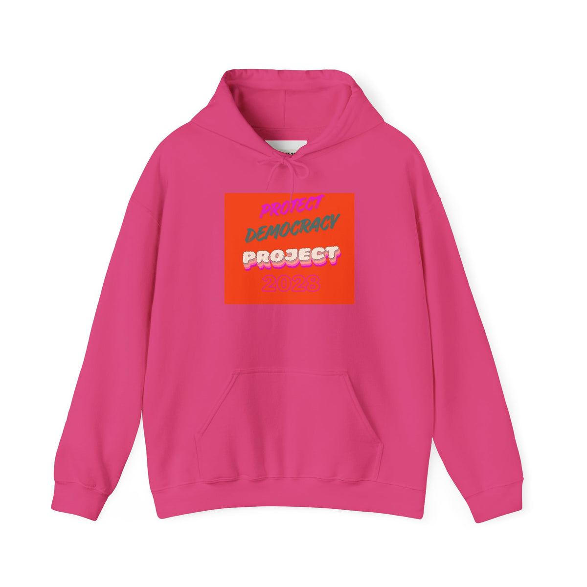 Democracy Project Hoodie | Bold Retro Text, Pink & Orange Square Design