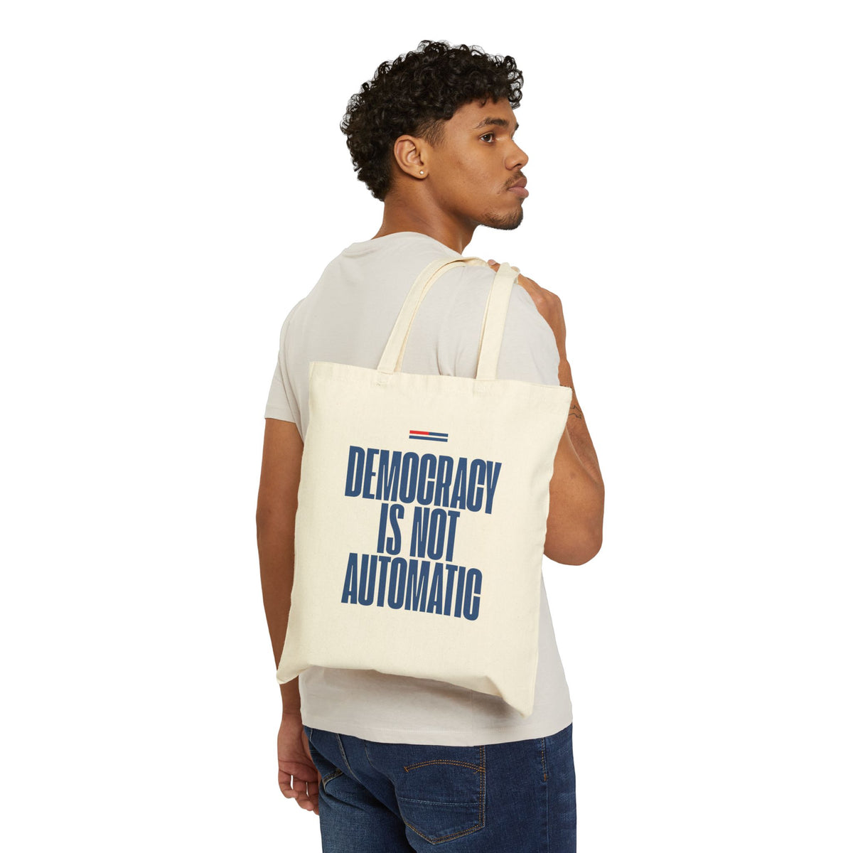 Vote Blue Cotton Tote Bag — “Democracy Is Not Automatic” Political Canvas Shopper