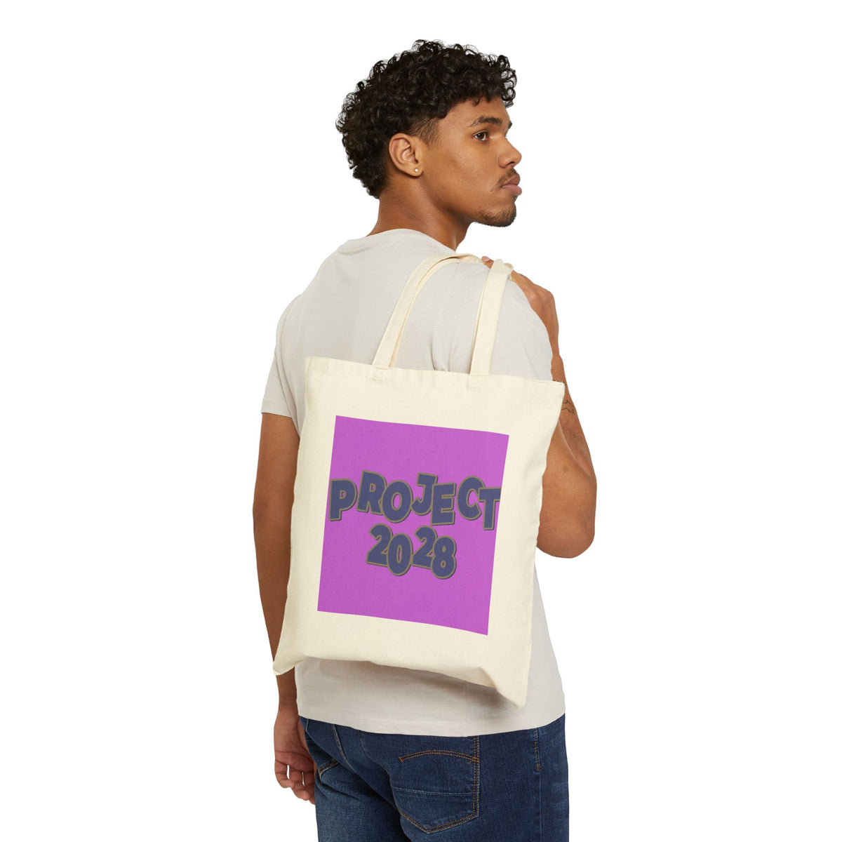 Project 2028 Tote Bag — "Democracy Isn’t Automatic" Cotton Canvas Grocery & Campaign Tote
