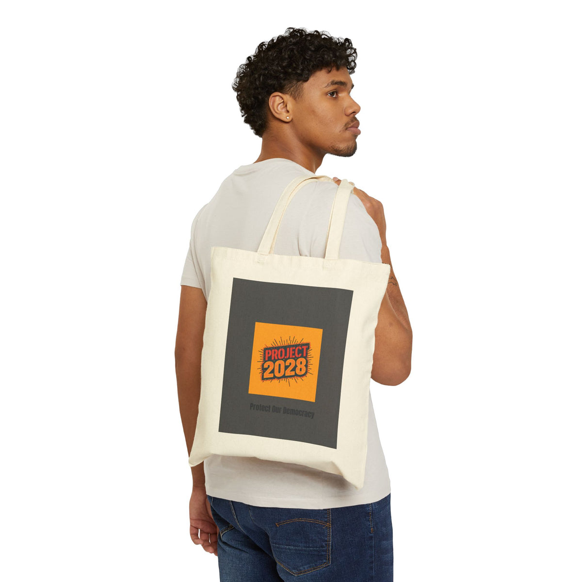 Project 2028 Cotton Tote Bag — "Democracy Isn't Automatic" Reusable Canvas Shopper