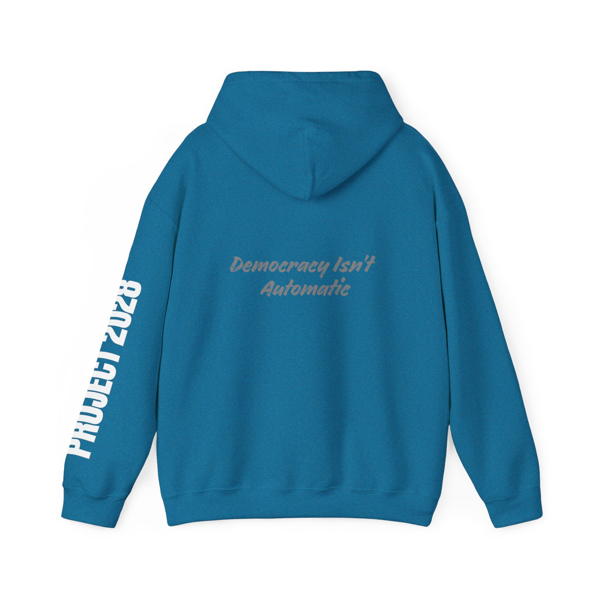 Project 2028 hoodie | Democracy Isn't Automatic back print