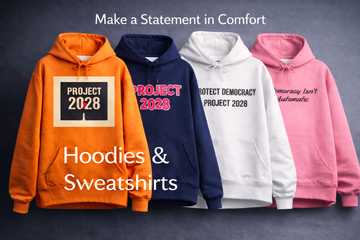 Four hoodies in orange, blue, white, and pink with 'PROJECT 2028' text on a dark background.