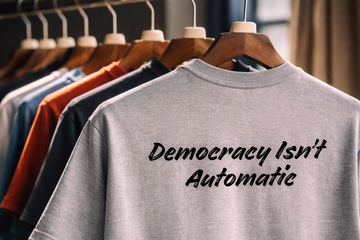 Gray t-shirt with 'Democracy Isn't Automatic' text on a rack of other shirts.