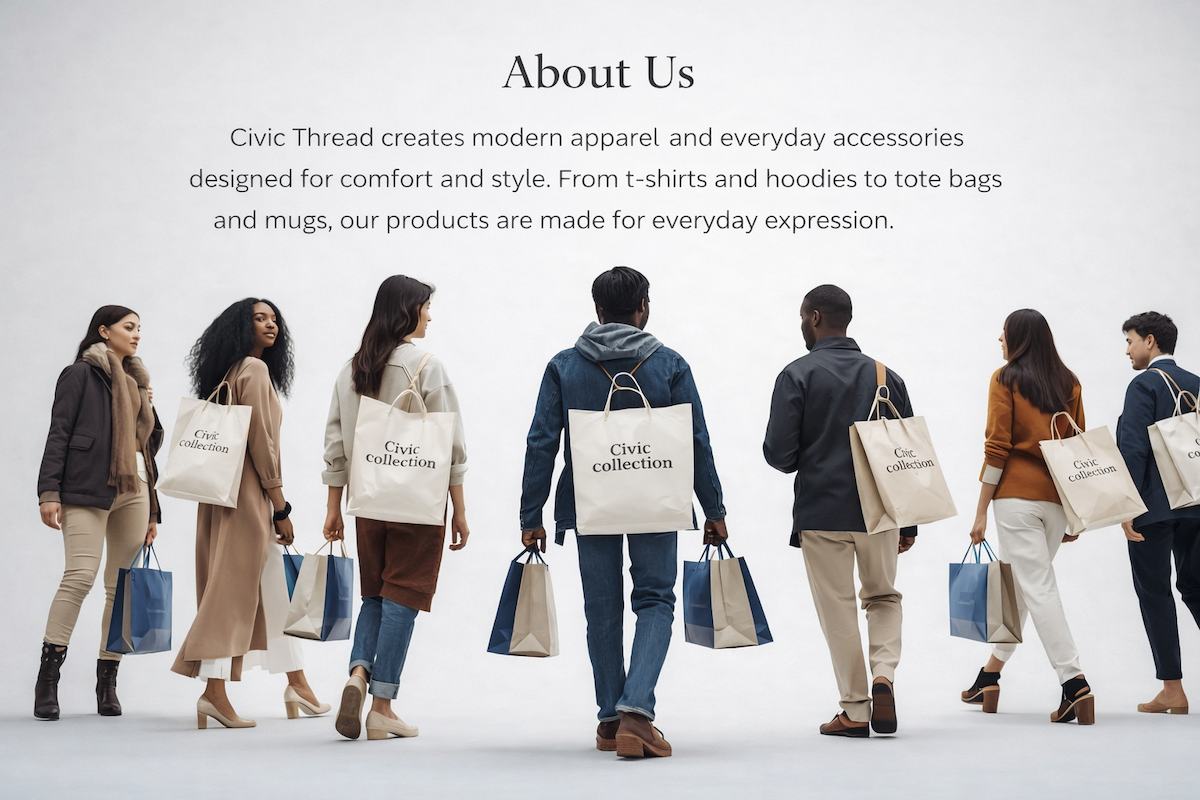 People walking with bags labeled 'Civic Collection' on a white background